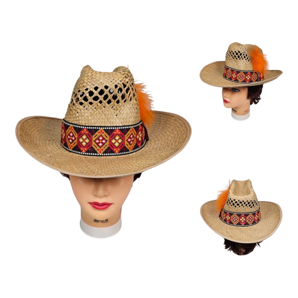 Vintage Atlas Scandinavian‎ Geometric Design Feather Straw Hat Size Small USA